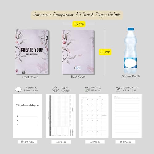Image of Motivational Floral A5 Notebook Diary for Women & Students | Softbound Laminated Cover | Monthly Planner + Daily Planner | 21 x 15 cm Ruled Journal | Inspirational Quote Cover (Light Grey Create Your Own Sunshine)