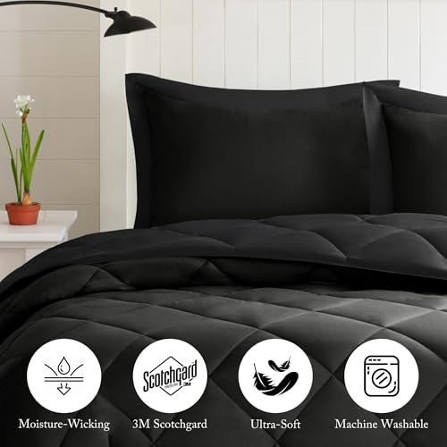 Image of Madison Park Comforter Set, Reversible Down Alternative All Season Microfiber Bedding, 3M Scotchgard Stain Release, King Dorm Comforter, Black /Black