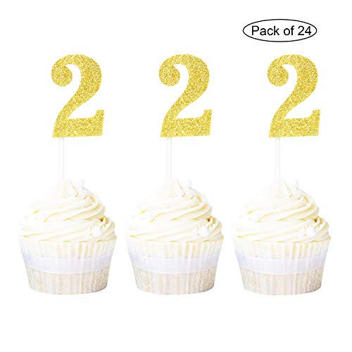 Newqueen 24 Pieces Glitter Number 2 Cupcake Toppers Gold Age Two Cake Picks Decoration For Anniversary Baby Shower 2Nd Birthday Party #TOP2
