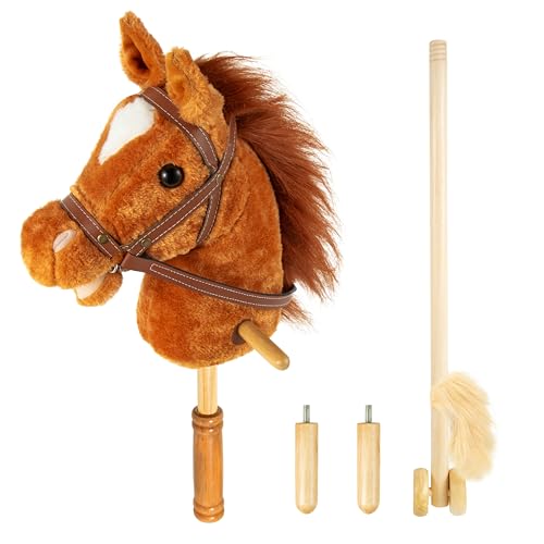 Stick Hobby Horse Riding Toy, Plush Stick Horse for Toddlers Ages 3+, Horses Ride on Toy Fun Pretend Play with Wooden Wheels and Real Pony Clip-Clop Sounds 39 Inches-Light Brown