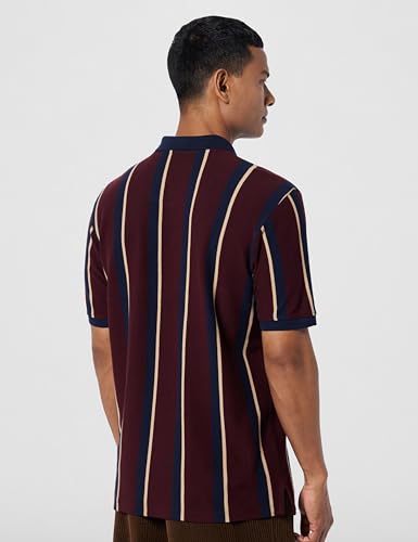 Image of Peter England Men's 100% Cotton Vertical Striped Polo T-Shirt - Casual Wear | Sleek & Comfortable