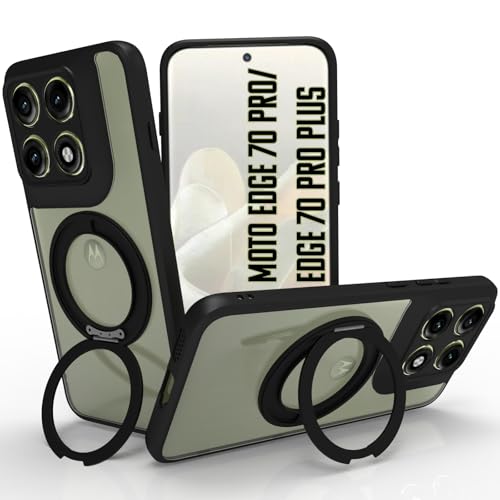 Image of RIGGEAR Shockproof Sleek Hybrid Armor 360 Rotating Magnetic Ring Stand Back Cover Case Compatible with MagSafe Accessories for Motorola Moto Edge 70 Pro /Edge 70 Pro Plus (Clear PC + Black TPU Bumper)