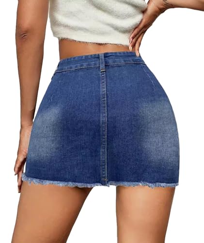 xxxiticat Women's High Waist Denim Skirt Front Button Closure Ripped Bodycon Frayed Raw Hem Blue Mini Jeans Skirt2