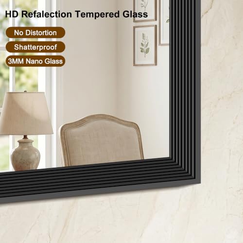 Image of DESBING Large Bathroom Mirror for Over Sink, 60 inch x 36 inch Black Rectangle Bathroom Mirrors for Double Vanity, Metal Ribbed Textured Framed Wall Mirror for Bathroom, Living Room, Bedroom,Dressing Room