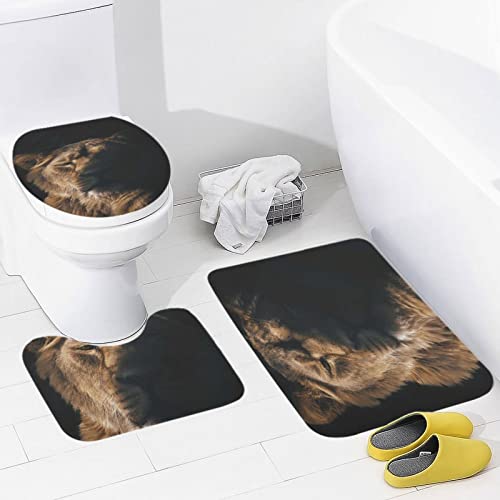 Badezimmer Badematte 3 Teilig Set,3D Tierlöwe 86 Saugfähige Teppich,WC-Deckelbezug,U-Förmige Matte 3-Teiliges Badezimmer…