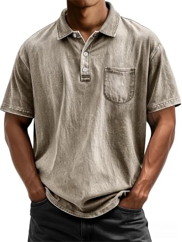 Mokaloha Shirts for Men, Men's Retro Casual Lapel Pocket Solid Color Short Sleeve Shirt Washed and Distressed Polo Shirt3