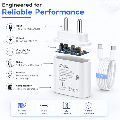 Image of ZYBUX 25W Type-C PD Superfast Charger with 1M Type-C Cable Compatible for Samsung Galaxy Phone M17|M17e|M36|M35|M16|M56| M06|M05|M15|A57|A17|A36|A56| A06|A16|A55|A35, Other Type-c Devices | White