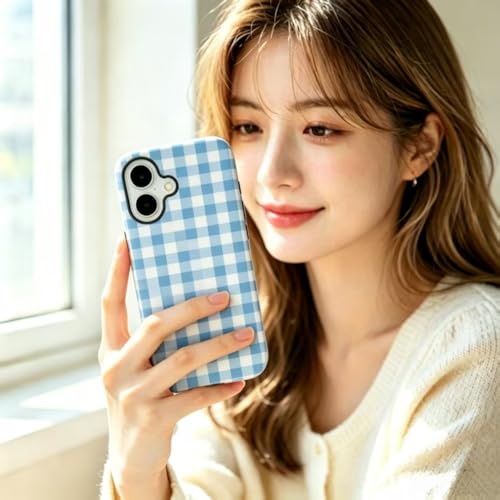 Image of for iPhone 16 Case Cute Phone Case,Compatible with MagSafe,Dual Layer Shockproof Protective Phone Cover,Hard Shell + Silicone Cover,Fashion Design for Women Girls,Blue and White Plaid