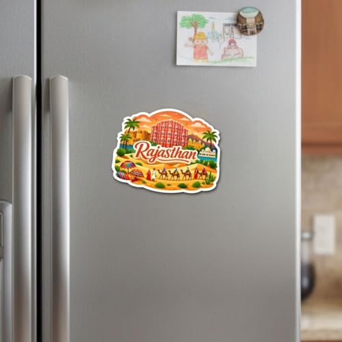 Image of Rajasthan Wooden Fridge Magnet for Home & Office Decor | Rajasthan Theme Magnet | Kitchen Decor | Indian Tourism Design with State Famous Items (Rajasthan)