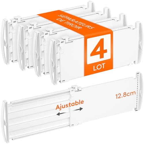 Lifewit Séparateur de Tiroirs Réglable Extensible, Organisateur de Tiroirs pour Vêtements, Diviseur de Rangement Blanc pour Armoire, Cuisine et Bureau, Longueur 30-47 cm, Hauteur 13 cm, Lot de 4