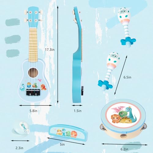 WoodenEdu Kids Guitar for Girls, Wooden Musical Instruments Toys with Ukulele, Tambourine, Maracas, Harmonica, Mini Band Sets for Toddlers 2 3 Years Old Birthday Gift (Blue for Boys) — view 2