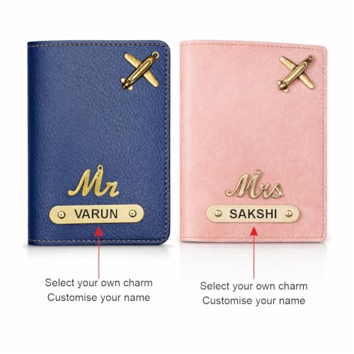 Image of Customized Couple Passport Cover Gift Set 2 Pcs | Personalized Leather Passport Covers with Name & Charm| Anniversary, Valentine, Birthday and Travel Gift (Pink)