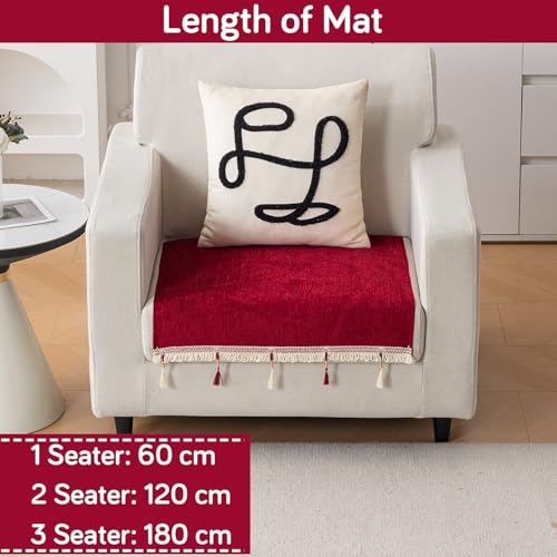 Image of HOKIPO 'Serenity Tassel' Chenille 1 Seater Sofa Cover with Tassel - Crimson Ruby (IN-890-MRN)