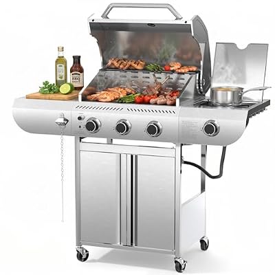 COWSAR 4 Burner Gas Grill, 34000 BTU Stainless Steel BBQ Grill with Side Burner, Porcelain-Coated Cast Iron Grates, Pull-Out Grease Tray for Outdoor Backyard Cooking