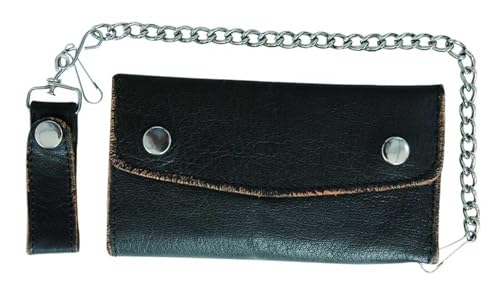 Derringer Men's Biker Chain Distressed Leather Tri-Fold Snap Wallet, Black/Brown