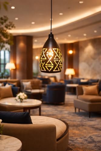 Image of Modern Black Geometric Laser Cut Design Hanging Pendant Light with Height Adjustable Decorative Ceiling Lamp for Living Room, Bedroom, Dining Area, Cafe & Home Decor (Pack of 1)