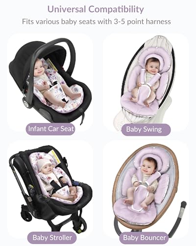 Image of TinlyFinly Infant Car Seat Insert with Extra Cushion for Preemie to Toddler, Reversible Newborn Carseat Insert for Baby Head Body Support, Fits for Stroller, Baby Swing, Bouncer (Purple Wildflower)