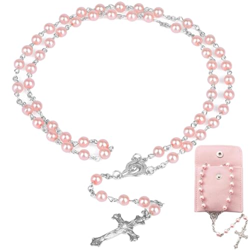 Chapelet Catholique, Chapelet de Communion et Croix Rétro, Collier de Croix Catholique Élégant avec Pochette Cadeau en Velours, Idéal pour Baptême,...