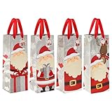 Juvale 12-Pack Wine Bags - Santa Claus-Themed Paper Bags with Satin Handles for Shopping, Alcohol, 4 Assorted Designs - 4 x 5 x 13.5 Inches