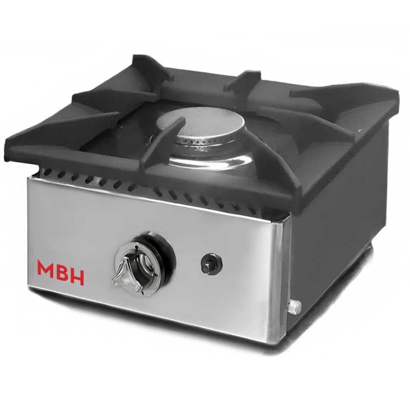 MBH - Fogón y Plancha a Gas Profesional Todo en Uno con Parrilla de Fundición y Placa Laminada 40x40 cm para Hostelería. Cocina Industrial de Sobremesa INOX para Bar y Restaurante (410x452x233 mm)