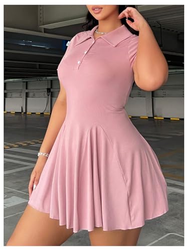 Image of RoseSeek Women's Plus Size Ribbed Knit Golf Dress Button Front Short Sleeve A Line Collared Shirt Dresses