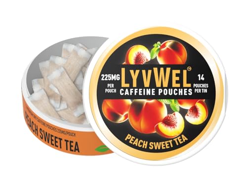 Image of LyvWel 225mg Caffeine Pouches, Guarana-Powered Energy Pouches, Nootropic Pouches, Nicotine Free Pouches & Tobacco-Free, 1-Pack, 14 Pouches Peach Sweet Tea