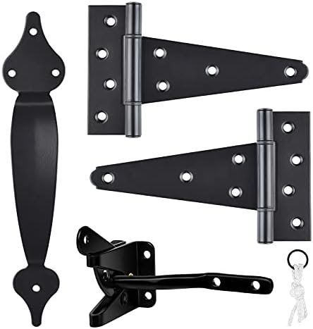 Gate Hardware Kit Heavy Duty,with Self Locking Gate Latch,6 inch T Strap Gate Hinges and 10 inch Gate Door Handle Pull,Shed Door Hardware Set for Wooden Vinyl Fence,Gate,Farm,Garden,Black Finish