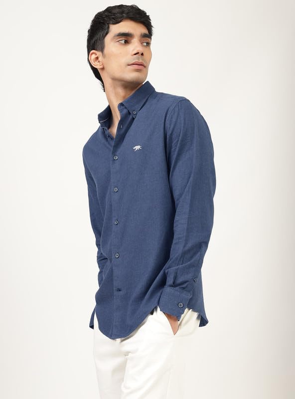 Image of Andamen Men Premium Button-Down Collar Solid Cotton Casual Shirt Navy
