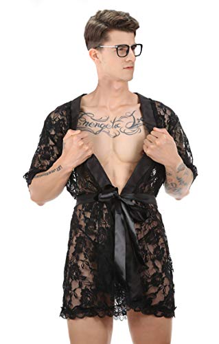 Men's Lace Soft Robe With Thong Sexy Top And Bottom Nightgown Half-Sleeve Pajamas for twinks