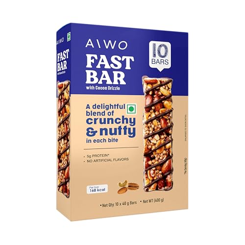 Image of AIWO Fast Bar Nut Energy Bars - 5g Protein | Almonds, Cashews & Pecans with Cocoa Drizzle | Gluten-Free, Vegetarian | Healthy Snack Bars (Pack of 10, 40g Each)