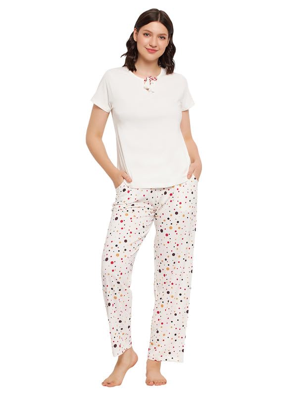 Image of Clovia Women's Cotton Printed Top & Pyjama Set - White