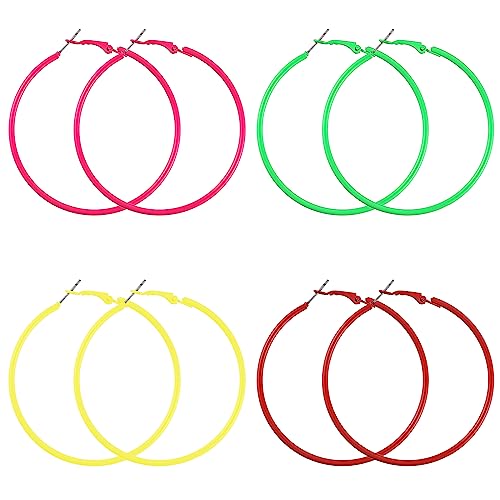 4 Paar Creolen Damen Vintage Große, 6 Cm Neon Ohrringe Creolen Bunt Helle Creolen Leichte 80er Jahre Ohrring Damen für Frauen Vintage Große Ohrringes für 80er Jahre Party(Grün Gelb Rot Rose Rot)