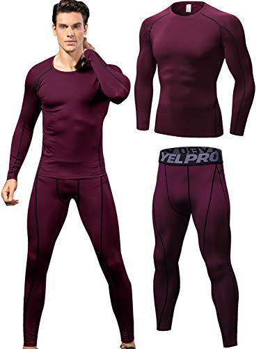 Queerier Men's Gym Compression Set Long Underwear Set Cool Dry Base Layers for Training Sports Top 2PCS/Set Wine Red