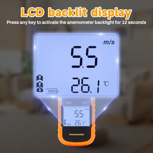 DewinLVD Handheld Windmesser, Digitaler Windmesser 0-30m/s Messung von Windgeschwindigkeit Maximal-Durchschnitts- Echtzei Windmessgerät mit Thermometer Wind Speed Meter für Windsurfen Segeln Drohne