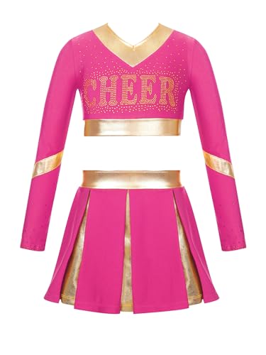 inlzdz Disfraz de Cheerleaders Animadora Niña Uniforme de Porristas Vestido de Manga Larga Disfraz de Porristas Cosplay Costumes Rosa Caliente 15-16 años