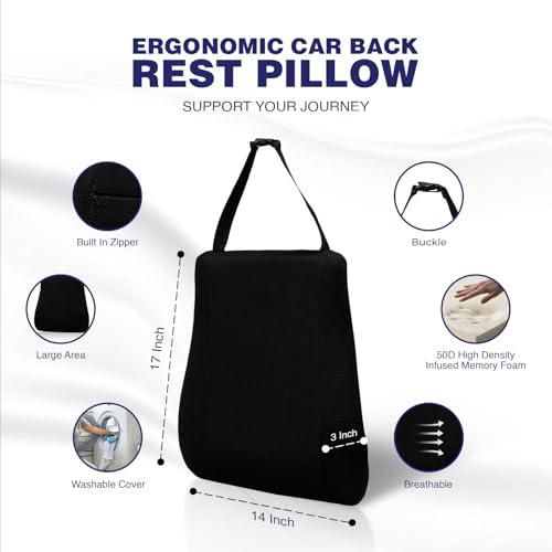 Image of WELLGIVER Memory Foam Lumbar Support Cushion for Car Seat & Office Chair - Orthopedic Lower Back Support Pillow for Back Pain Relief, Ergonomic Posture Corrector with Adjustable Strap & Breathable