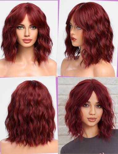 WOKESTAR Bob Curly Wig with Fringe, Short Synthetic Wavy Wigs for Women Wine Red Color, 12 inch - Image 2