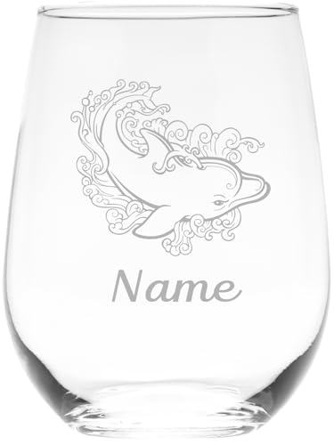 C M 17 oz Custom Stemless Wine Glass with Dolphin and Name - Personalized Dolphin Themed Gift for Women and Men
