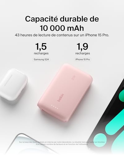 Belkin BoostCharge Batterie Externe 10 000 mAh Portable avec câble intégré (PD 20 W, Recharge Rapide USB-C Power Delivery, pour Tous Les modèles de l'iPhone 16/15, iPad Pro, Galaxy S24, etc.)