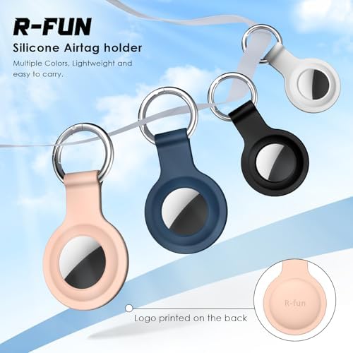 R-fun Air tag Holder with Keychain, [4 Pack] Silicone Protective Air Tag case Cover with Key Rings for Wallet, Dog Collar, Luggage, and Keys.-Black/White/Navy/Sand Pink