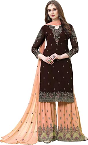 Image of SHAFNUFAB Women's Georgette Semi Stitched Anarkali Salwar Suit (wedding dress and salwar suit SF201176 Brown Free Size)