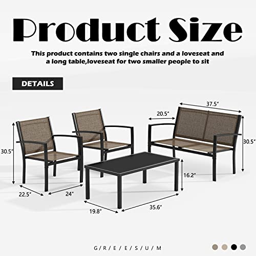 Image of Greesum GS-LCT4PCSBN 4 Pieces Patio Furniture Set Outdoor Conversation Textilene Fabric Chairs for Lawn, Garden, Balcony, Poolside with A Glass Coffee Table, Brown