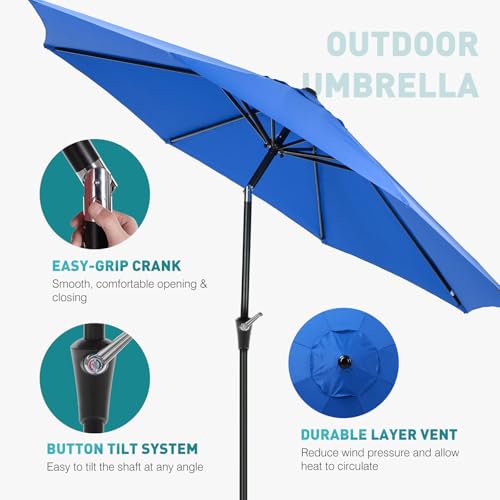 Image of OLIXIS 9FT Patio Table Umbrella with Tilt and Crank Button & 8 Sturdy Ribs Waterproof, 9 Feet Outdoor Patio Umbrella Sun Shade for Pool, Terrace, Beach and Restaurant, Blue