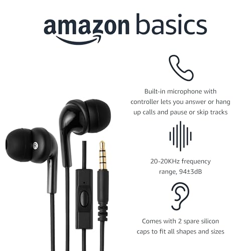 Image of Amazon Basics Wired Earbuds with Microphone, in Ear Headphones, 3.5mm Jack, 2 Pack