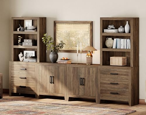 WAMPAT Entertainment Center with Bookshelves, Farmhouse TV Stand for 75 inch TV, Wood Media Console with Adjustable Shelves and Storage Drawers for Living Room, Bedroom, Brown