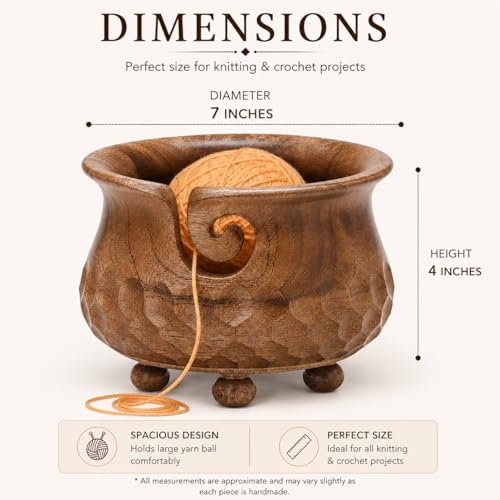 Image of Large Pot Yarn Bowl, 7 x 4 Inch Wooden Knitting Holder | Mango Wood, Holds 2 Yarn Skeins, 3-Leg Support, Tangle-Free, Smooth Finish, Pot Shape, Giftable