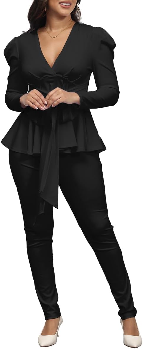 Remelon 2 Piece Outfits for Women Blazer with Pants Deep V Long Sleeve Slim Fit Ruffle Pelplum Business Suit - Image 5