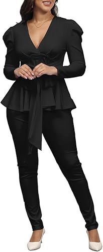 Miniatura 5 de Remelon Conjunto de 2 piezas para mujer, blazer con pantalones, escote en V profundo, manga larga, ajuste ceñido, volante peplum, traje de negocios