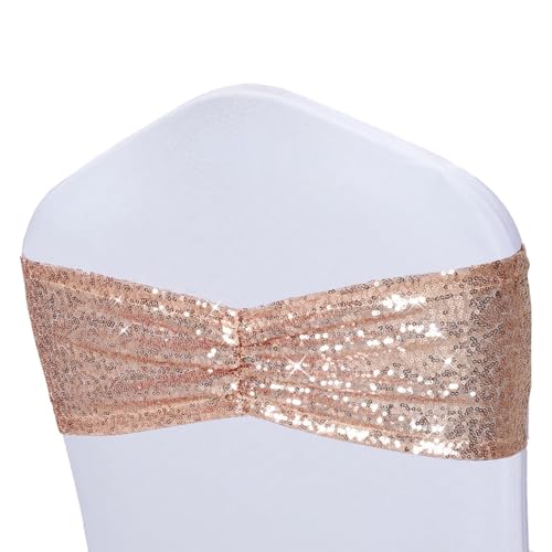 Poise3EHome Rose Gold Sequin Chair Sashes Folding Chair Covers Bow for Party Wedding Reception Decorations, 20 PCS