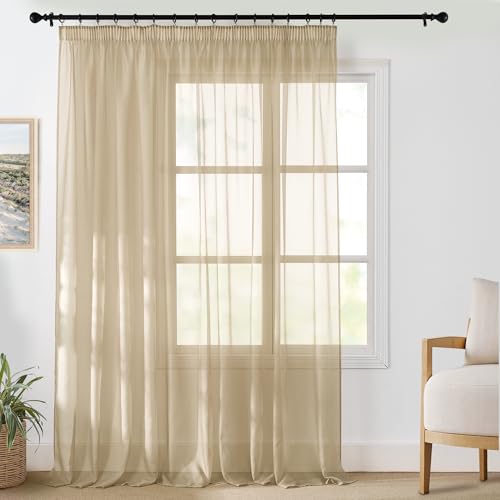 PONY DANCE Rideau Grande Largeur 300x245cm (LxH), Voilage Galon Fronceur et Passe Tringle, Voile Tulle Kaki Transparent Decoration pour Salon Fenetre Chambre...
